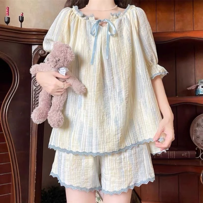 Set Đồ Mặc Nhà Nữ Sinh Hè Sọc Phong Cách Công Chúa Viền Bèo Ngọt Ngào