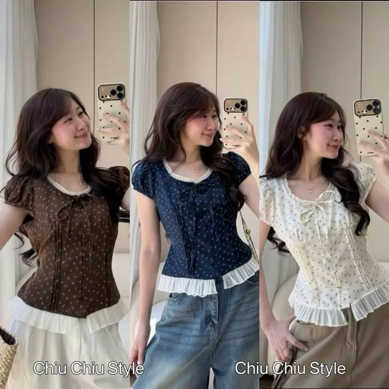 Áo Babydoll, Áo kiểu hoa nhí phối ren nữ cúc dọc dây nơ cổ dễ mặc cho nàng