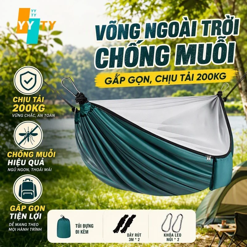 Võng Dù Nằm Cao Cấp Võng Quân Đội 2 Lớp Có Mùng Chống Muỗi Xếp Gọn Dã Ngoại