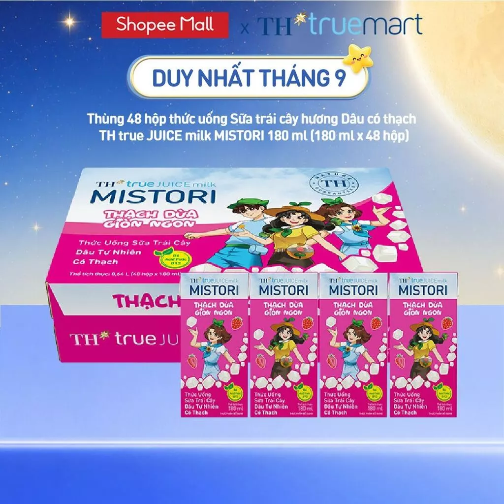 Thùng 48 hộp thức uống Sữa trái cây hương Dâu có thạch TH true JUICE milk MISTORI 180ml (180ml x 48)