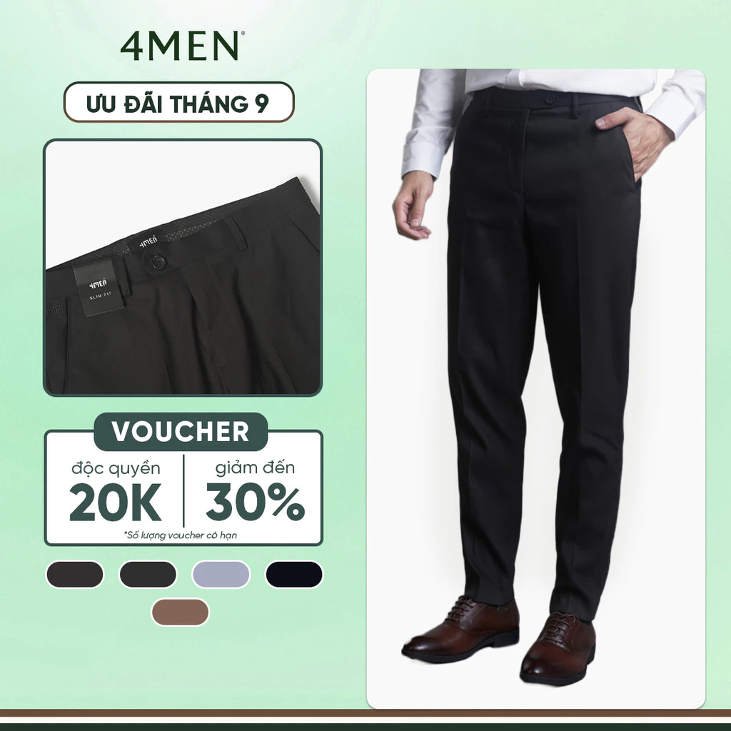 Quần tây nam trơn 4MEN QT031 form slimfit tôn dáng, vải rayon cao cấp hạn chế nhăn, mềm mịn, co giãn