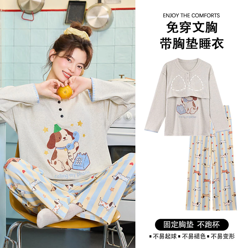 Bộ đồ ngủ nữ cotton 100% lót đệm tay dài họa tiết hoạt hình dễ thương mặc nhà mùa thu đông