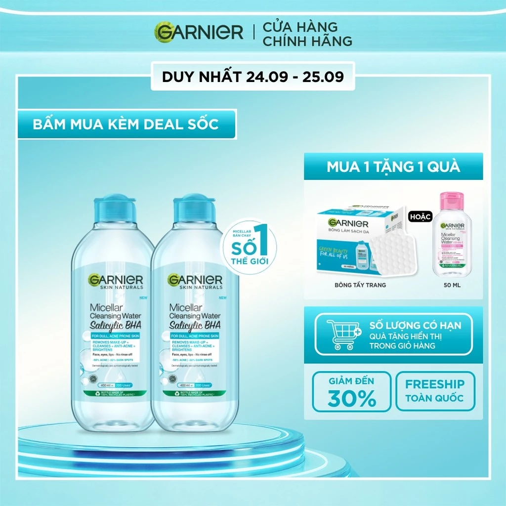 Bộ 2 Nước tẩy trang Garnier Cho Da Dầu Mụn Salicylic BHA Micellar 400ml x 2 (mới)