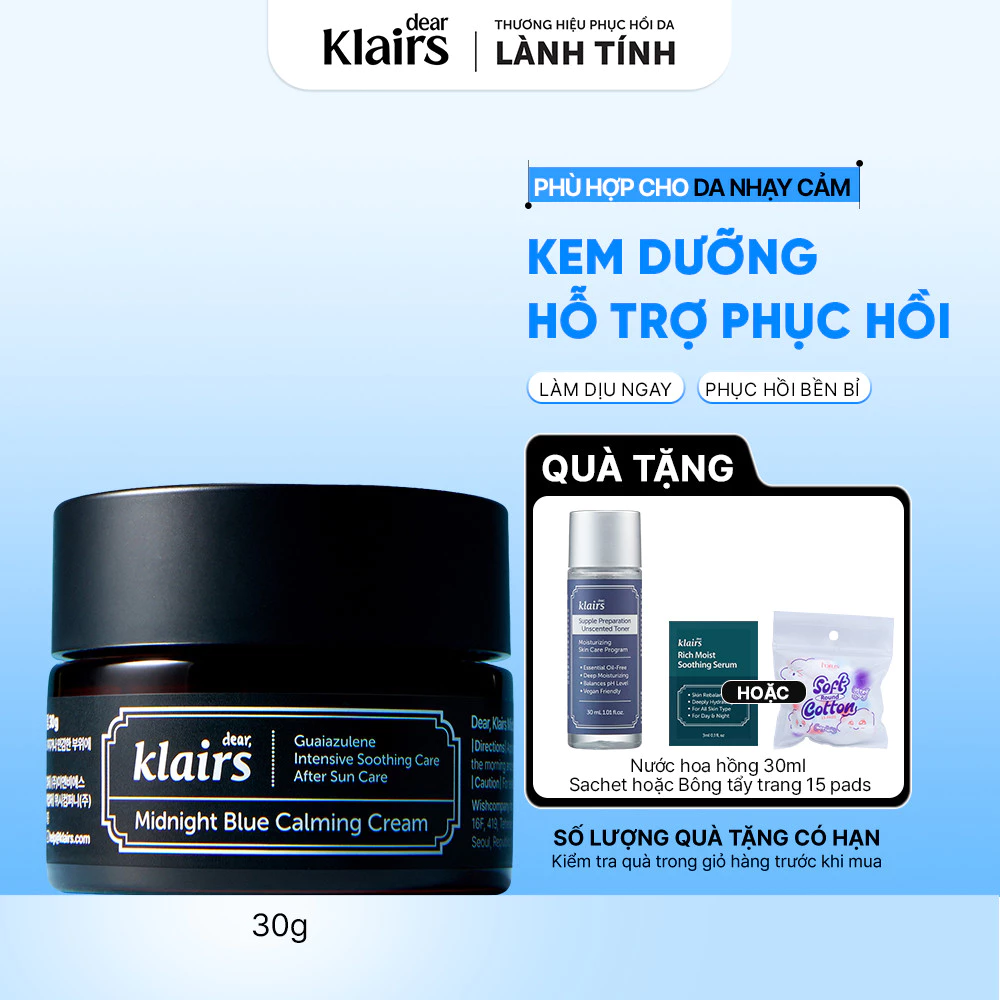 Kem dưỡng da Dear, Klairs Midnight Blue Calming Cream hỗ trợ cấp ẩm và phục hồi cho da 30g [FS]