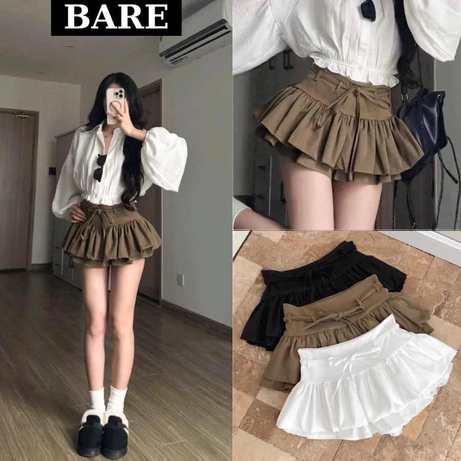 𝐁𝐀𝐑𝐄_( 3 Lớp Có Lót Trong Dây Rút) Chân Váy Nữ Hai Tầng Y2K Trendy Hack Dáng Form Xoè Cạp Trễ_CV129