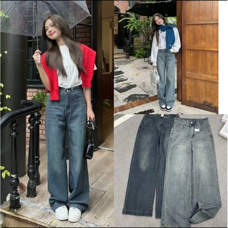 Quần jeans 2 màu ống suông gấu to lưng cao basic chuẩn dáng cho nữ