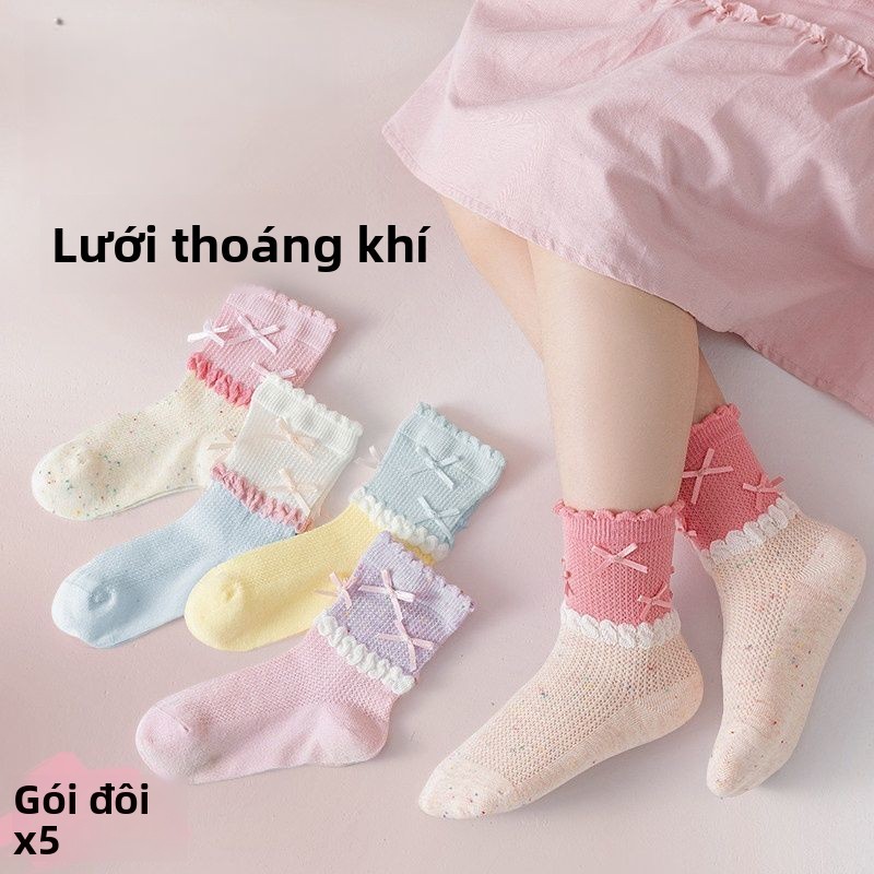 Tất lưới bé gái cổ trung - Tất mỏng thoáng phối nơ và viền ren, phong cách ngọt ngào
