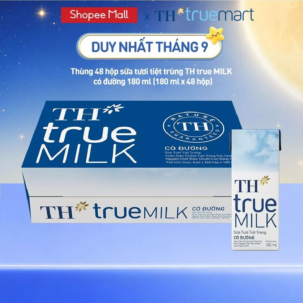 Thùng 48 hộp sữa tươi tiệt trùng TH true MILK có đường 180 ml (180 ml x 48)