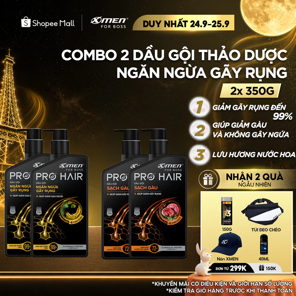 Combo 2 Dầu gội Thảo Dược X-Men For Boss Pro Hair 350G Nuôi Dưỡng Da Đầu, Sạch Gàu và Giảm Gãy Rụng