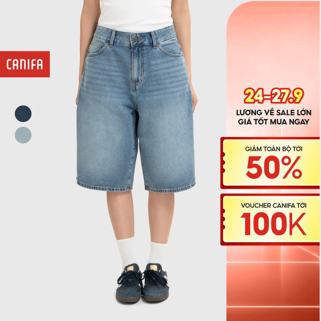 Quần short jeans lửng unisex người lớn CANIFA cotton, phom dáng bermuda 5BS26S001