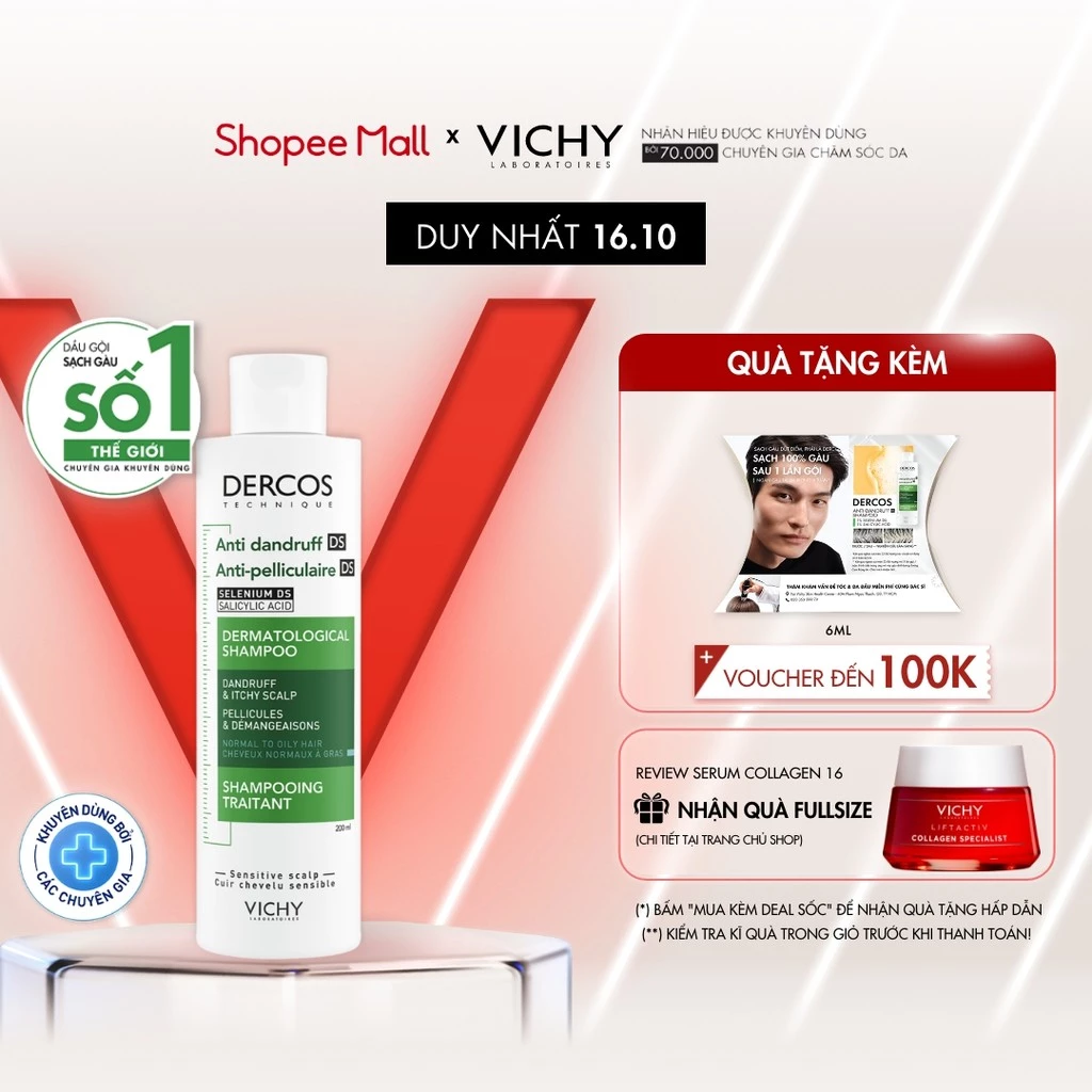 Dầu gội sạch gàu 100% chỉ sau một lần gội, giúp sạch gàu dành cho da đầu dầu & ngứa Vichy Dercos Anti Dandruff 200ml
