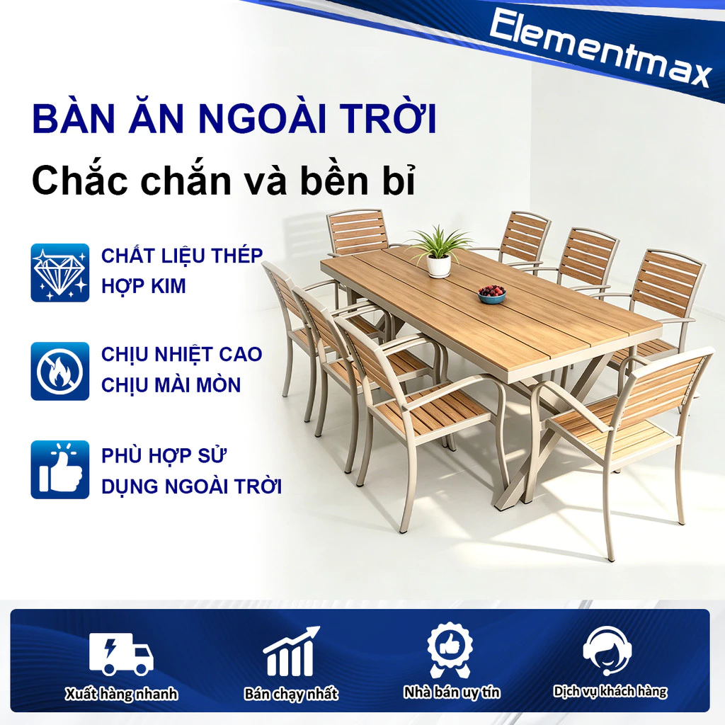 Bộ bàn ghế sân vườn Bàn ghế gỗ nhựa Dài 1m5/1m8 + 4/6/8 ghế Buck Thiết kế hiện đại Chống ẩm mốc,nắng Không thấm nước