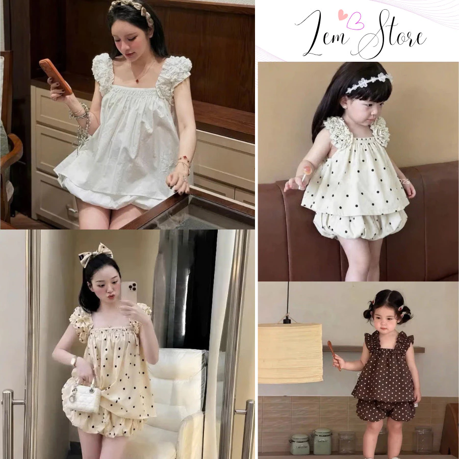 (Sẵn Hỏa Tốc) Set Hai Dây Tiểu Thư Tay Bèo Áo Babydoll Cổ Vuông Quần Short Bí Phồng - Đồ Đôi Mẹ Và Bé Gái