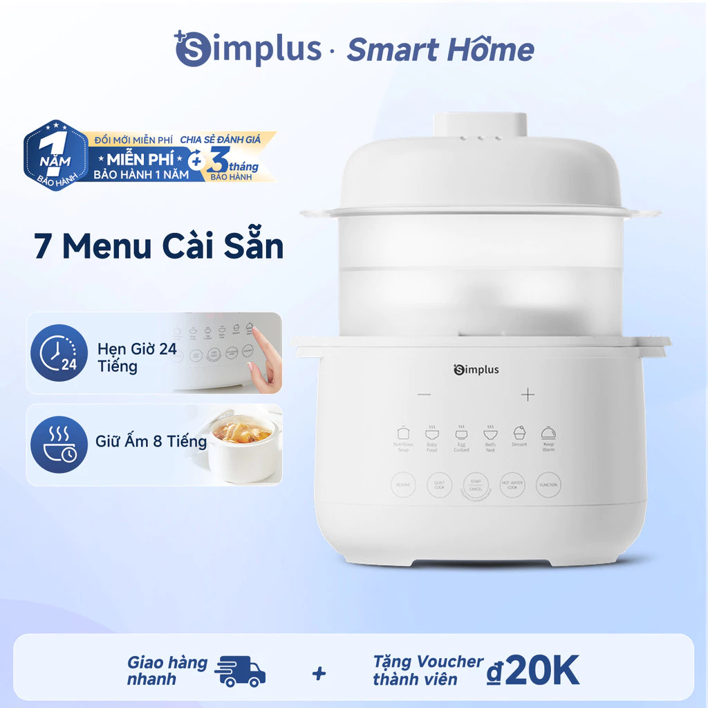 Nồi hầm điện Nồi hầm 1L Simplus Menu cài sẵn thông minh Hầm cách thủy Nấu súp nấu cháo Lồng hấp PP DDGU001