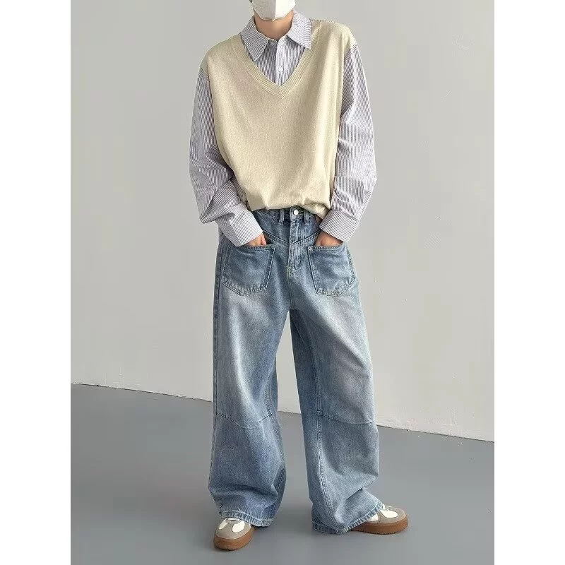 Nam Rửa Xanh Dương Quần Jean Ống Rộng Hàng Hóa Mỹ Túi Lớn Rời Quần Thẳng Cleanfit Quần Denim Thường Ngày