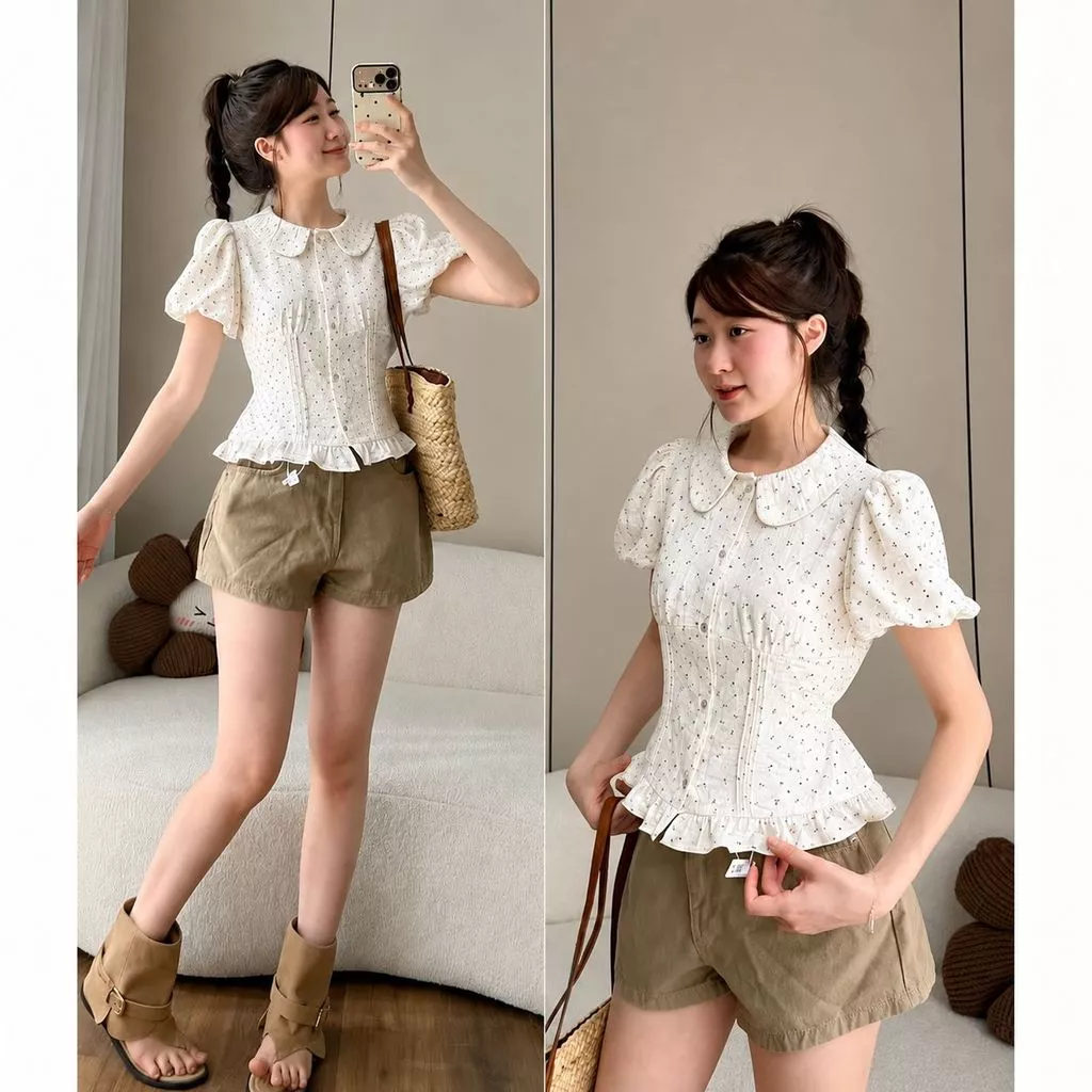 Áo Nữ Cổ Sen Tay Bồng Hoa Nhí Cúc Dọc Có Dây Buộc Lưng, Áo Kiểu Tiểu Thư Viền Bèo Vintage Dễ Thương Hàn Quốc