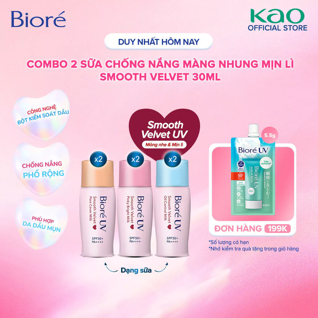 (Chọn loại) Combo 2 Biore UV Smooth Velvet Sữa Chống Nắng Màng Nhung Mịn Lì SPF50+/PA++++ 30ml