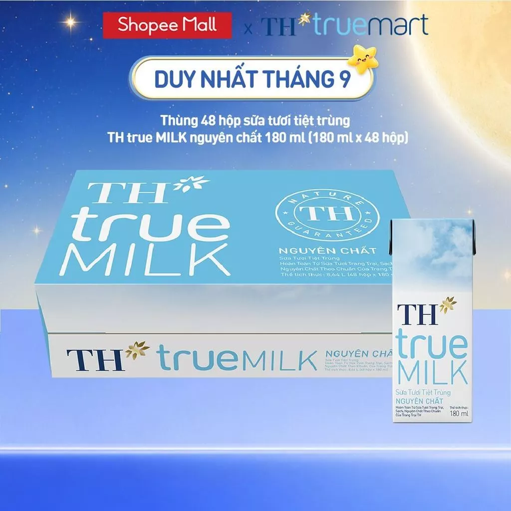 [LIVE STREAM] Thùng 48 hộp sữa tươi tiệt trùng TH true MILK nguyên chất 180 ml (180 ml x 48)