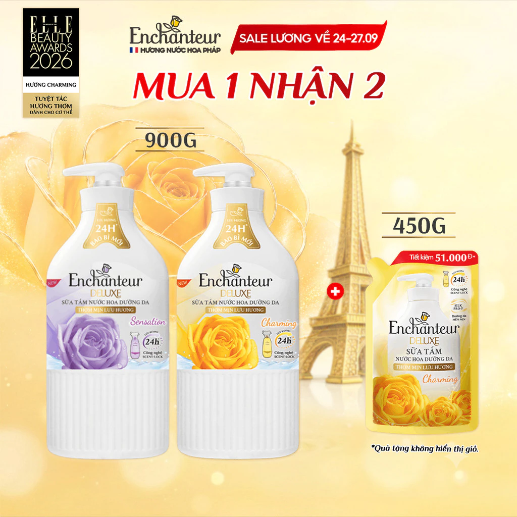 [TẶNG Túi 450G] Sữa tắm hương nước hoa Pháp Enchanteur Deluxe 900g - Mềm mịn như lụa Lưu hương 24H (Tặng mùi ngẫu nhiên)