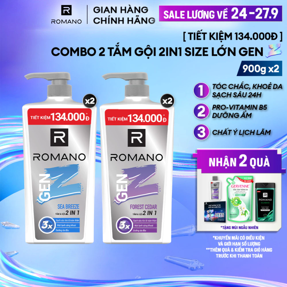 [ĐỘC QUYỀN ONLINE] Combo 2 Tắm gội cho nam 2in1 Romano Gen Z hương Sea Breeze/ Forest Cedar 900g/ chai
