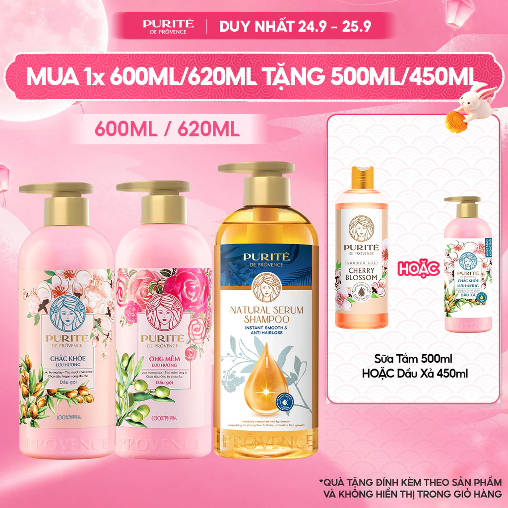Dầu Gội Purité Chắc Khỏe Lưu Hương/Óng Mềm Lưu Hương/Serum Ngăn Gãy Rụng 600ML/620ML + Tặng Dầu Xả 450ML/Sữa tắm 500ML