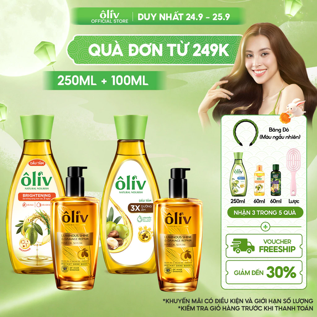 [SẢN PHẨM MỚI RA MẮT] Combo 2 Dầu Tắm Dưỡng Ẩm/ Dưỡng Sáng Da Ôliv 250ML + Serum Dầu Dưỡng Tóc Ôliv 100ML