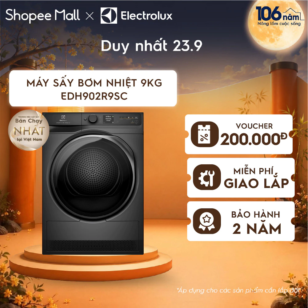 Free giao lắp - Máy sấy bơm nhiệt Electrolux 9kg UltimateCare 900 - Xám đen Onyx EDH902R9SC