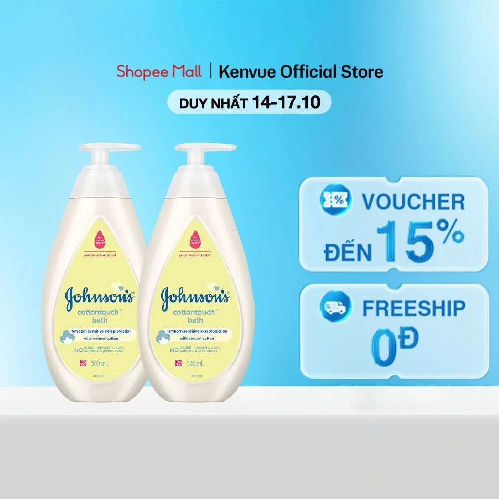 Combo 2 Chai Sữa Tắm Gội Toàn Thân Mềm Mịn Johnson's Baby Bath Cotton Touch 500mlx2