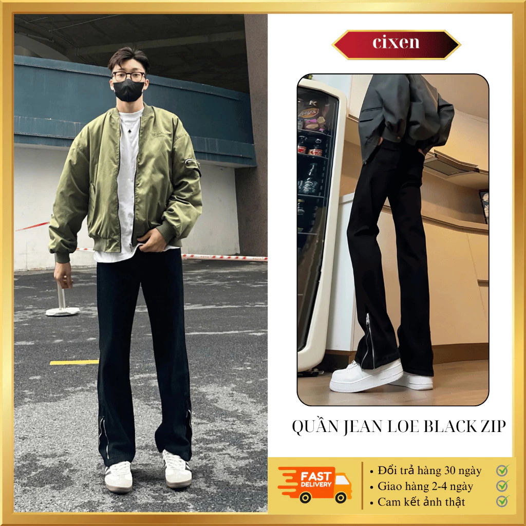 Quần jeans ống loe Black zip CIXEN form unisex Cạp cao Hack dáng Streewear, Quần ống loe nam chất jean denim dày dặn V2