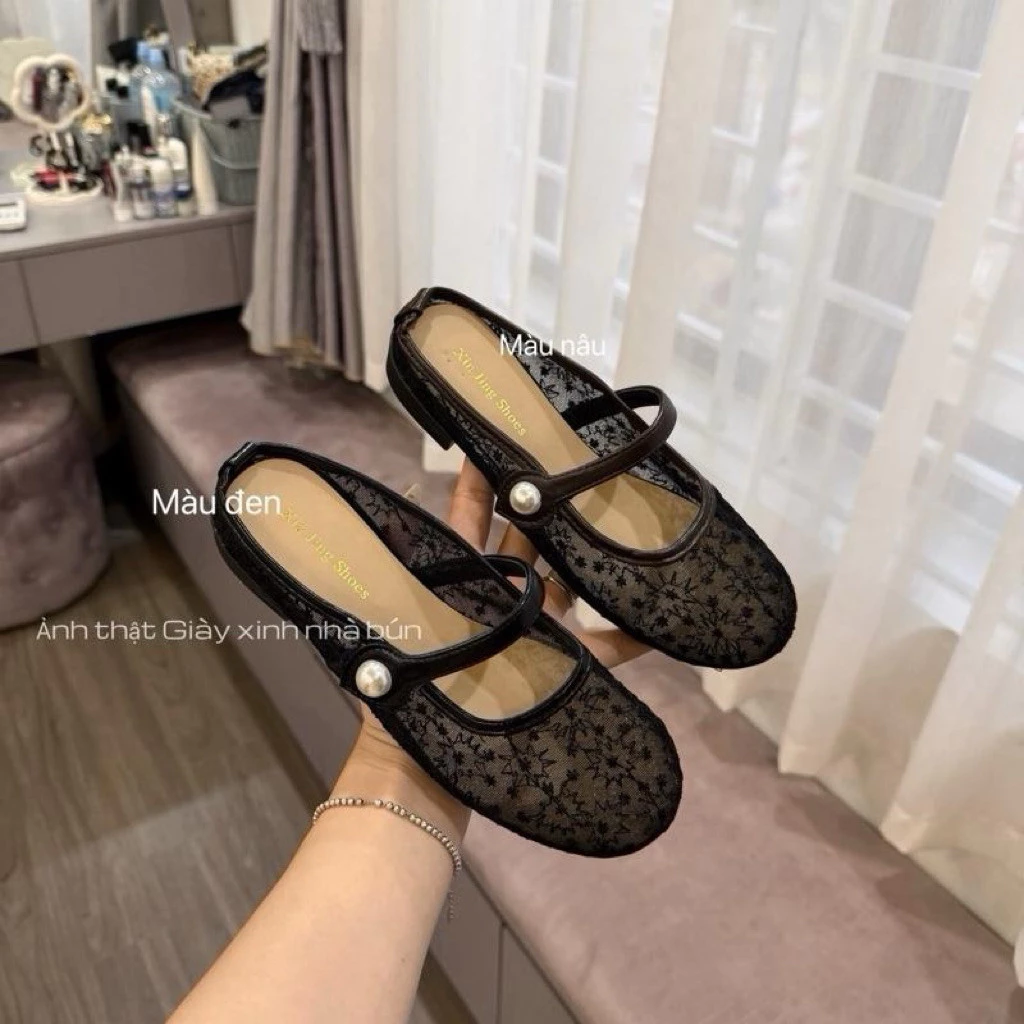 Giày Mary Jane Nữ - Giày Sục Mũi Tròn Lưới Khuy Cài Thanh Lịch Êm Chân Chuẩn Size Dễ Đi Học Đi Làm N0018
