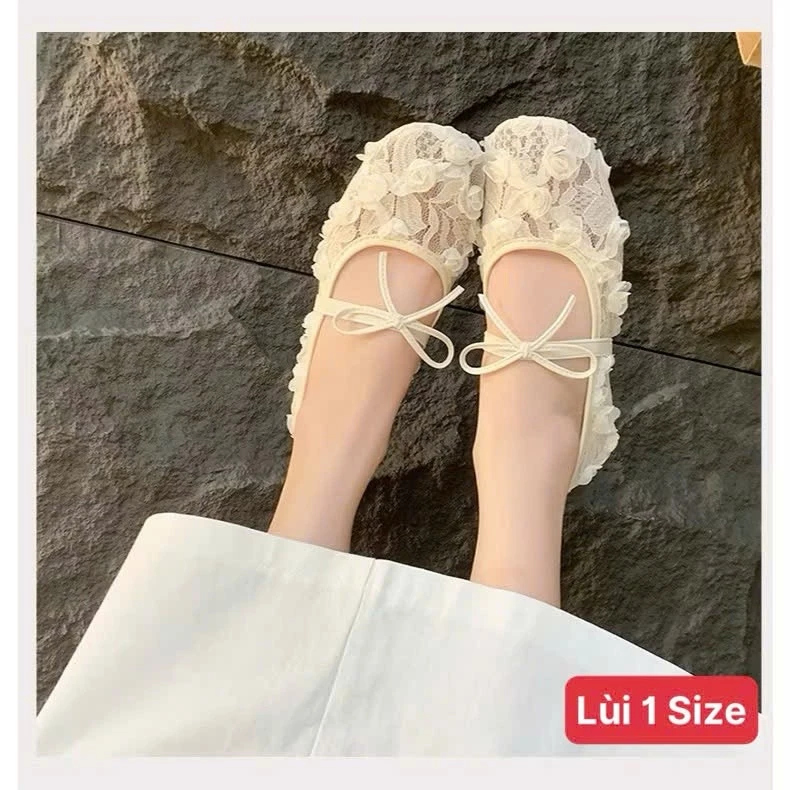 Giày Bệt Nữ Ren Hoa - Giày Búp Bê Thêu Nổi 5D Gắn Nơ Tiểu Thư Đế Dẻo Mềm Êm Chân Nữ Tính Dịu Dàng N0003