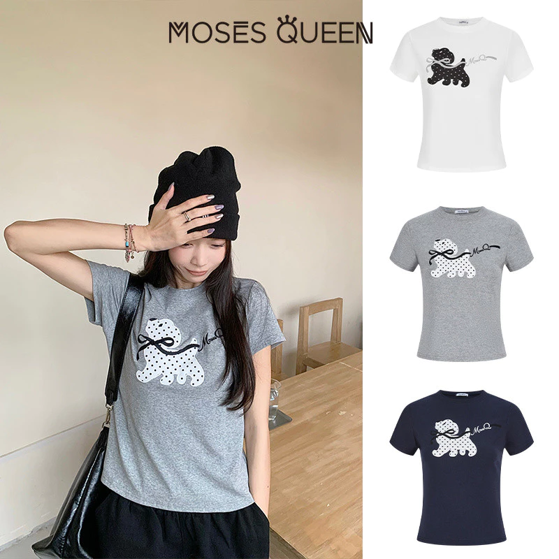 < MOSESQUEEN > Nữ Dễ Thương Chấm Bi Chó Con Nơ Đan Áo Thun Tay Ngắn, Mùa Hè Mới Slim Fit Trẻ Trung Ngọt Ngào Thường Ngày Hàng Đầu #63843