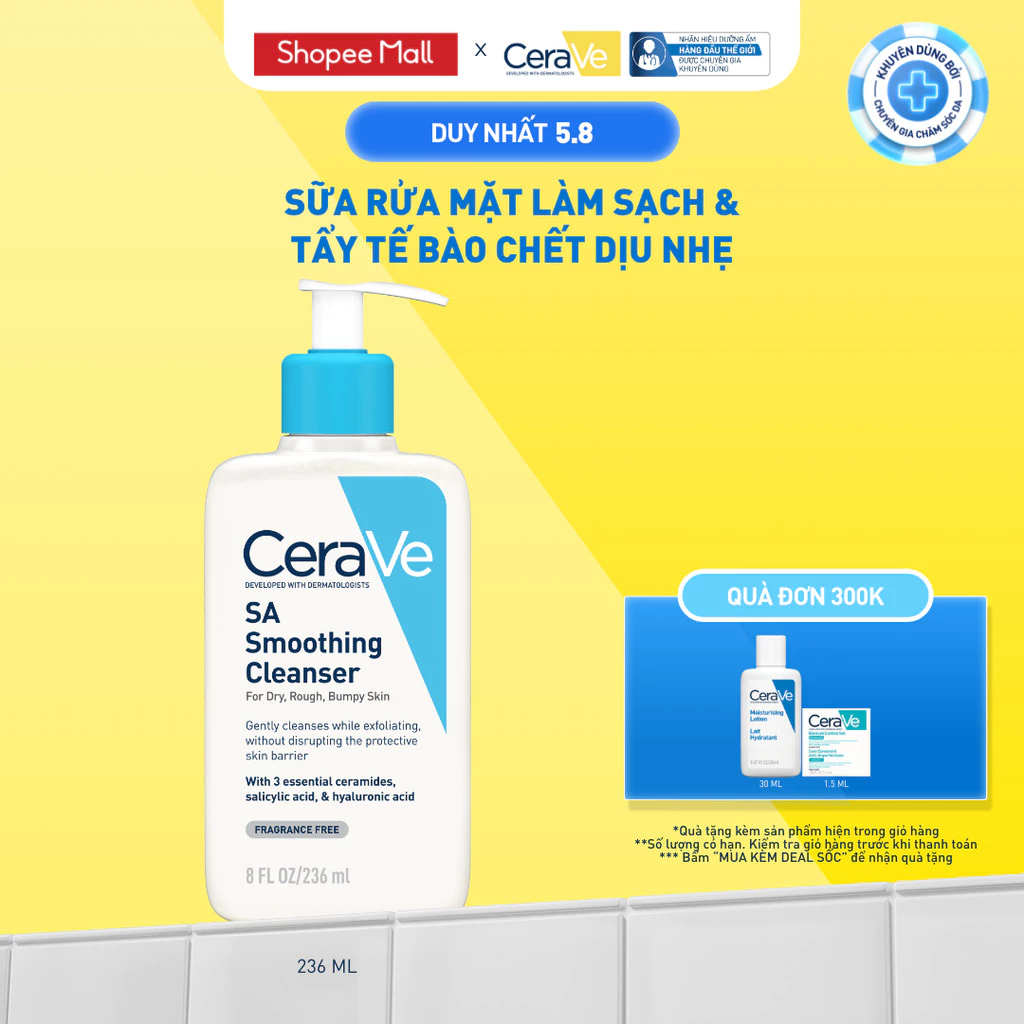 Chai CeraVe SA Smoothing Cleanser 236 ml chứa axit salicylic trên Shopee