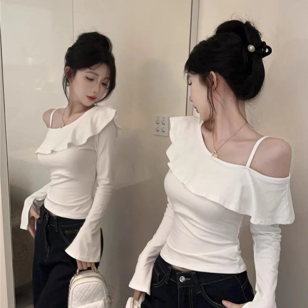 Áo Thun Nữ Dài Tay Trễ Vai Mùa Xuân Thu Thời Trang Mới Xù Lông Ngắn Đáy Top