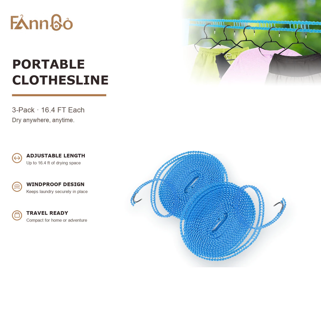 Dây phơi quần áo di động 3 chiếc, dài 16.4 feet, làm bằng nylon, chống gió, có thể điều chỉnh, dùng cho du lịch, nhà ở, cắm trại, khách sạn, màu xanh-lục.