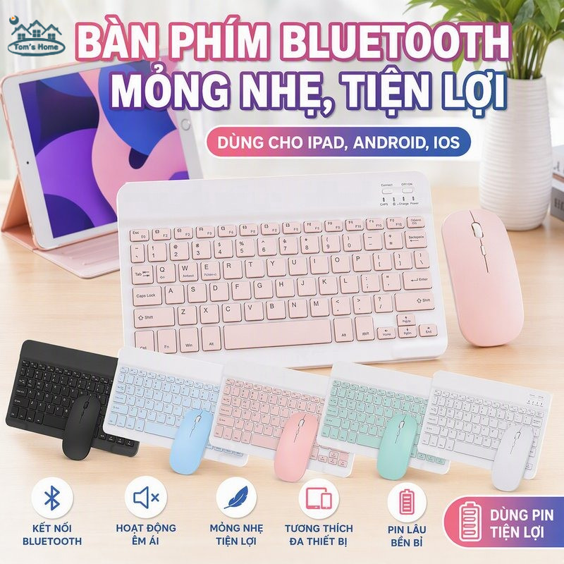 Combo Bàn Phím Chuột Bluetooth 10 Inch Dùng Pin Siêu Mỏng Màu Macaron Cho Điện…