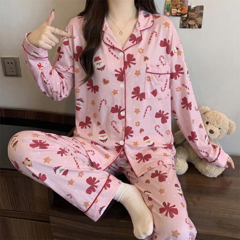 (40-72.5kg) Bộ đồ ngủ kẹo Giáng sinh màu hồng dành cho nữ Bộ đồ ngủ dài tay có ve áo giả Cotton cho bé gái