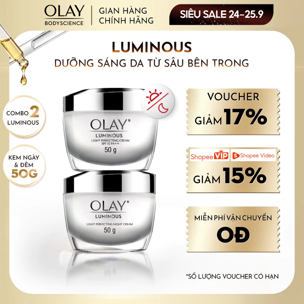 [LIVE] Combo Kem Dưỡng Da Ban Ngày + Ban Đêm OLAY Luminous Sáng da Mờ Thâm Nám 50g