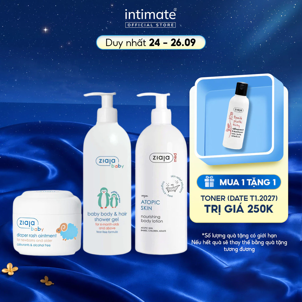 Combo Gel Tắm Gội 2in1 Ziaja Baby 400ml Và Nhũ Tương 1% Urê Ziaja Med 400ml Và Kem Chống Hăm Ziaja Baby 50ml