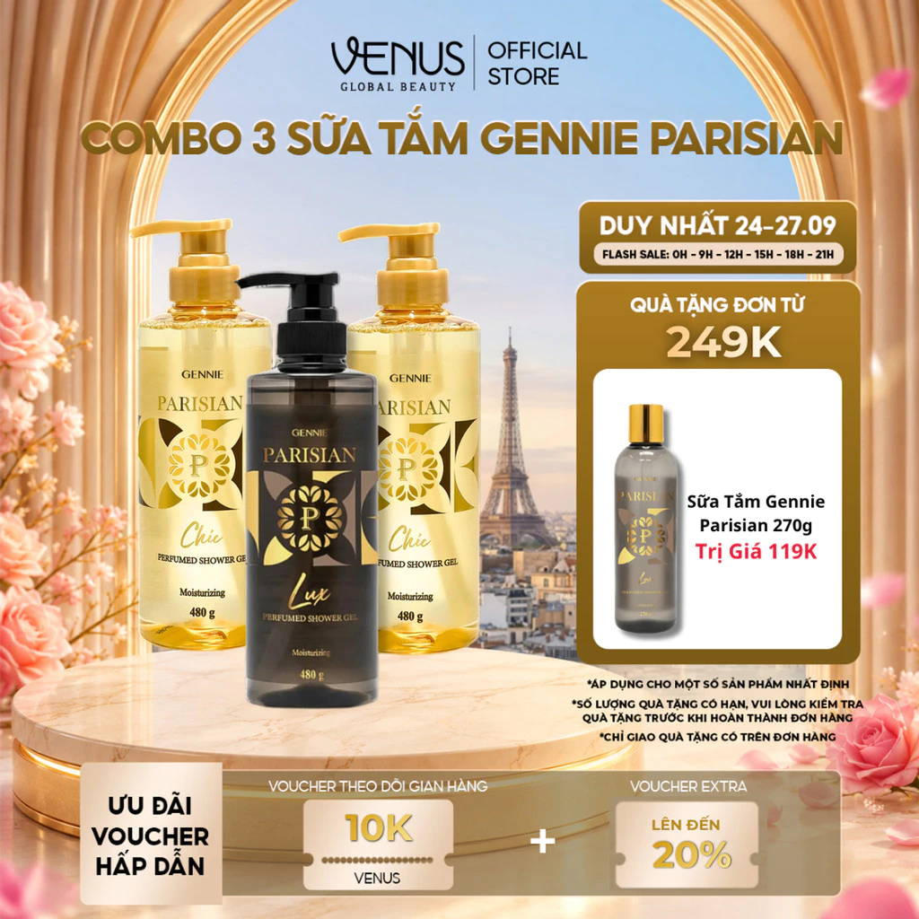 [MUA LÀ CÓ QUÀ] Combo 03 Sữa Tắm Nước hoa Nữ Gennie Parisian 480ml Hương Thơm Sang Trọng, Quyến Rũ
