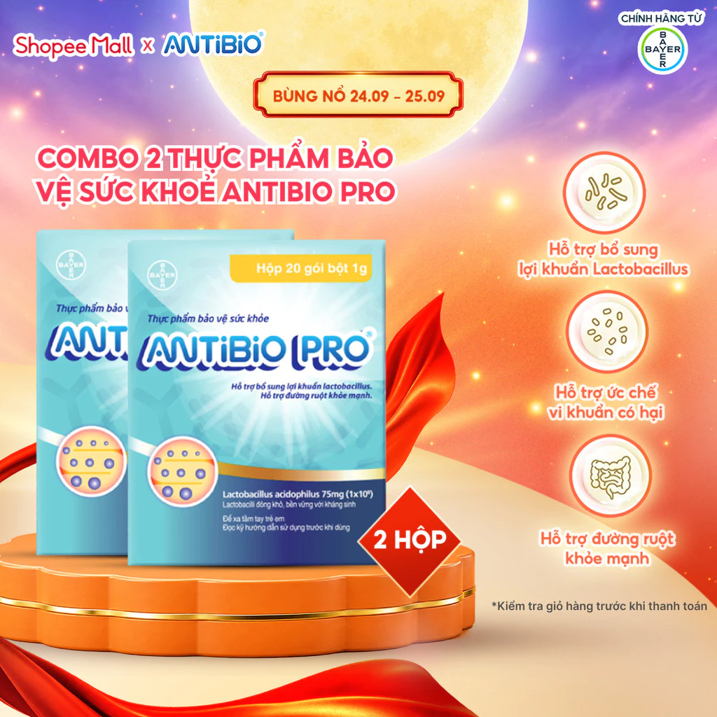 Combo 2 hộp Thực Phẩm Bảo Vệ Sức Khỏe ANTIBIO PRO Hỗ Trợ Bổ Sung Lợi Khuẩn, Cân Bằng Hệ Vi Sinh Hộp 20 Gói x 1g