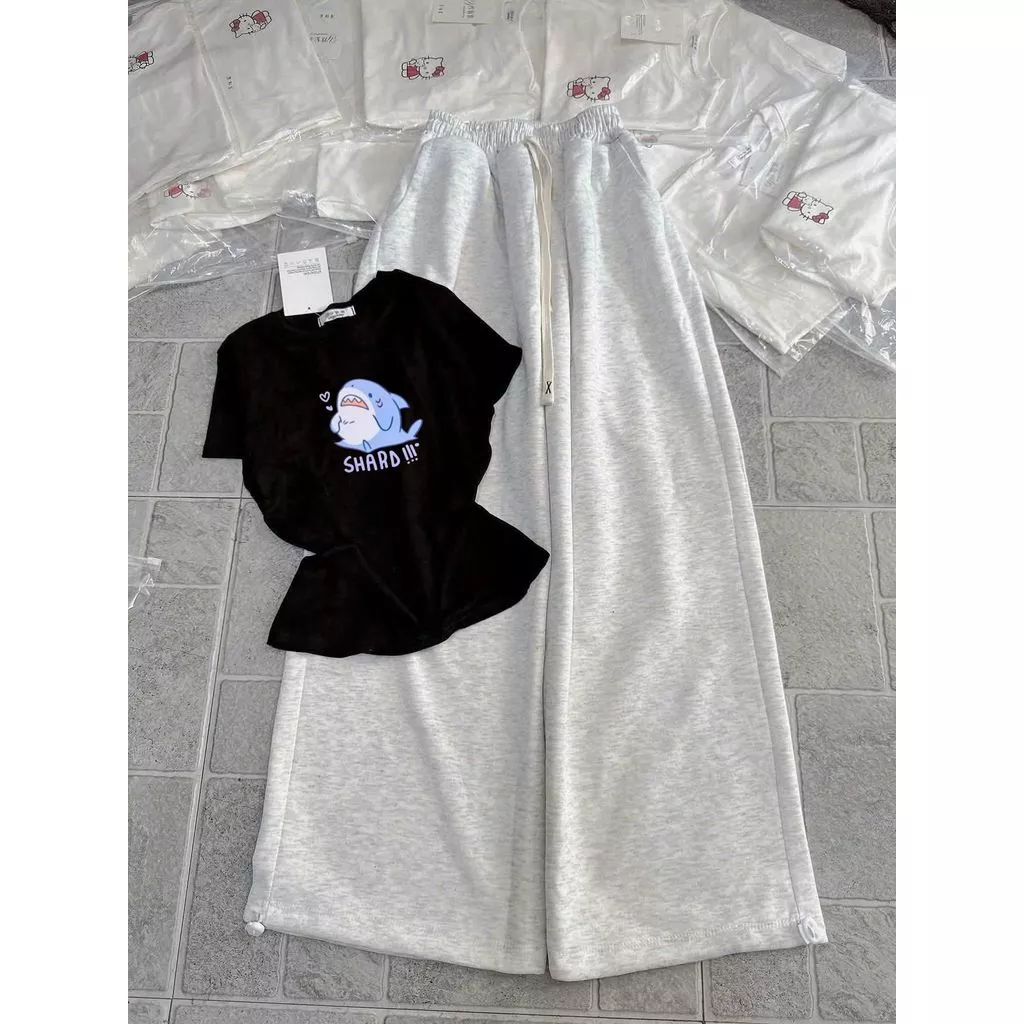 Tổng hợp quần  ống rộng chất da cá xám + mix áo phông CROPTOP TĂM LẠNH cộc dáng ngắn-HÌNH CÁ MẬP