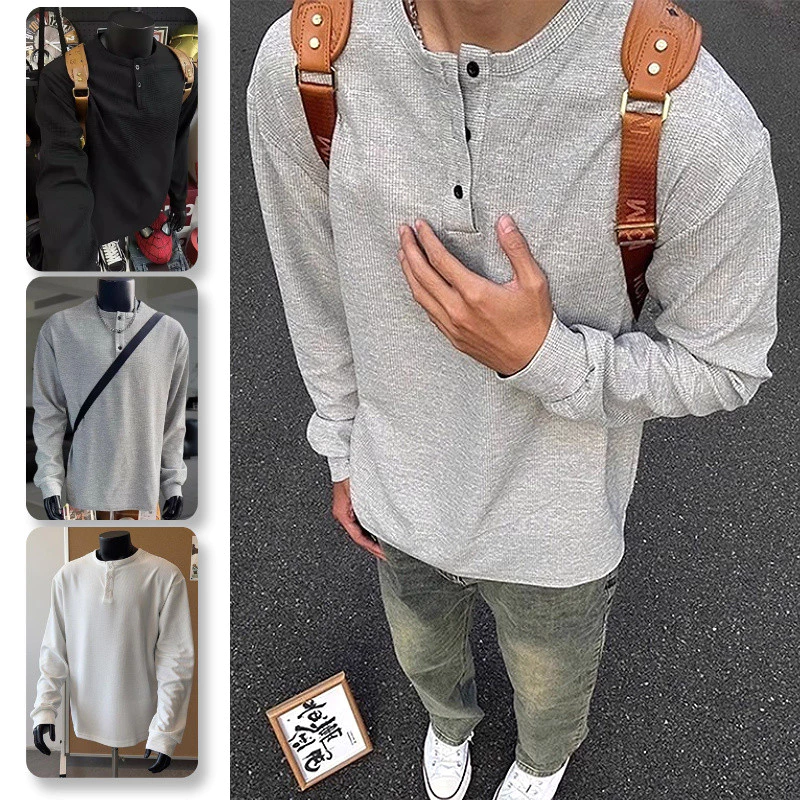 Áo nam kiểu Henley cổ điển, thiết kế bánh quế dáng rộng thoải mái