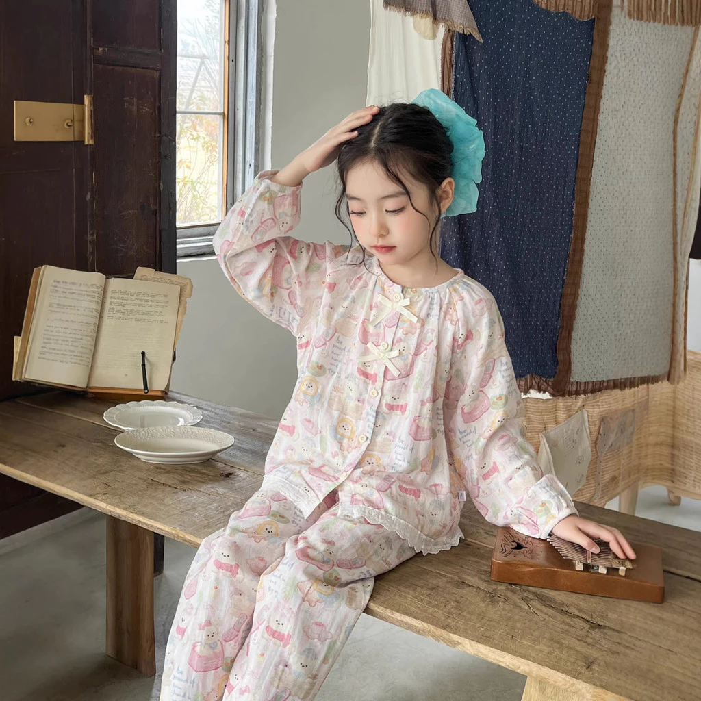 Bộ Đồ Ngủ Trẻ Em Xuân Hè Bé Gái Ren Ngọt Ngào Cardigan Cotton Nguyên Chất Homewear