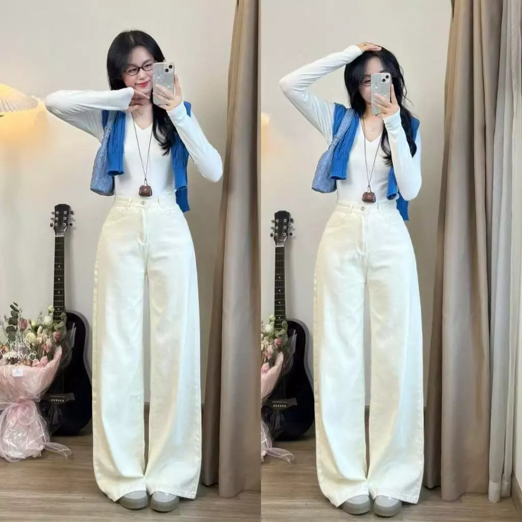 Quần Jean Trắng Trơn Ống Suông Dễ Mix Đồ Cạp Cao cực xinh