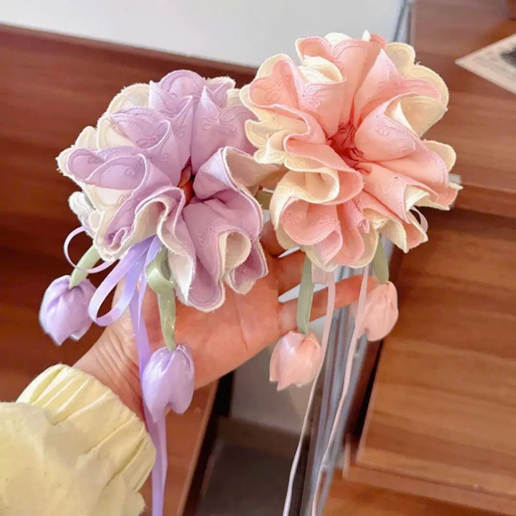 Dây Buộc Tóc Scrunchies Vải Ren Phối Màu Đính Hoa Tulip Ruy Băng Tiểu Thư Điệu Đà-khosianhvy8386