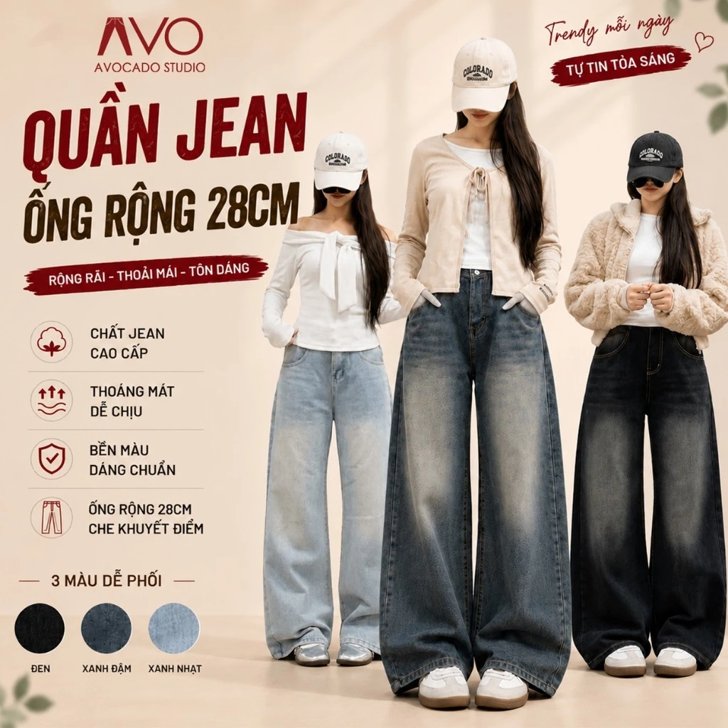 Quần Jean Nữ ống SIÊU RỘNG cạp cao Avo Avocado Phong Cách Hàn Quốc TÔN DÁNG chất bò mềm denim đầy đủ size