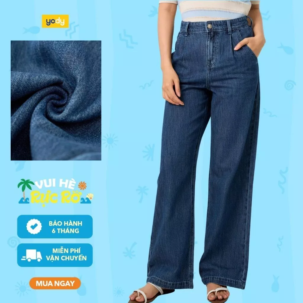 [SALE OFF] Quần jeans nữ ống suông YODY cạp chun mỏng nhẹ mềm mại giữ phom tốt WCJE25S052