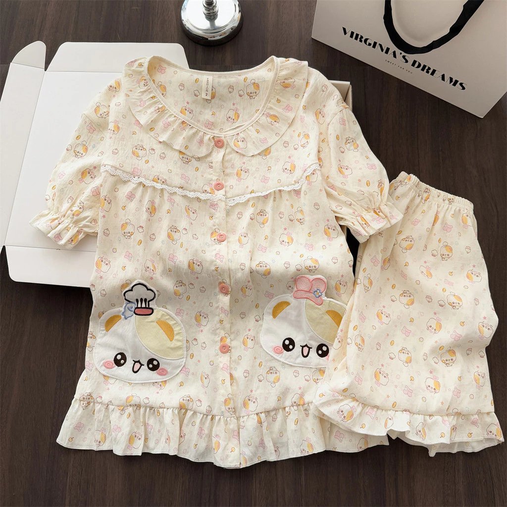 Bộ Đồ Ngủ Nữ Tay Ngắn Quần Short Cotton Hình Mây Hoạt Hình Dễ Thương Có Đệm Ngực Mềm Mại Mặc Nhà Thoáng Khí Mùa Hè