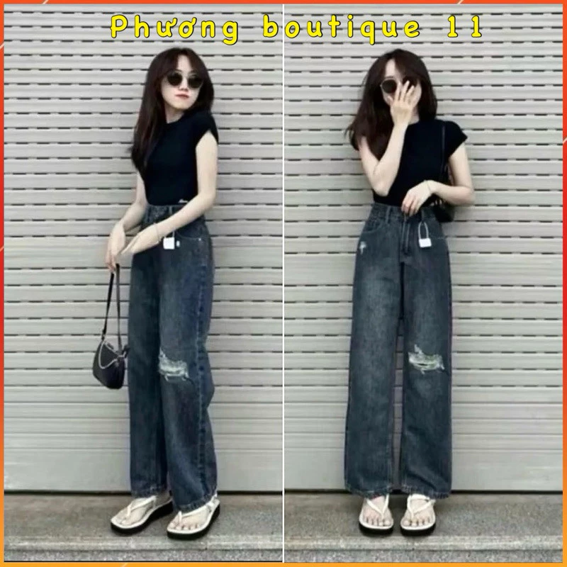 Quần jean nữ ống rộng thiết kế rách 1 gối màu xanh đậm WJeans021